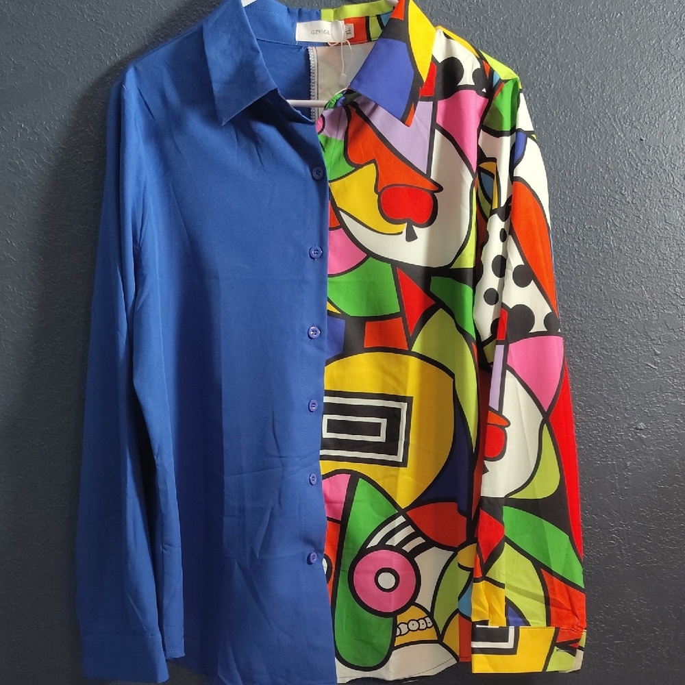 Gzyige Arts Graphic Multicolor & Royal Blue Button-Down Shirt